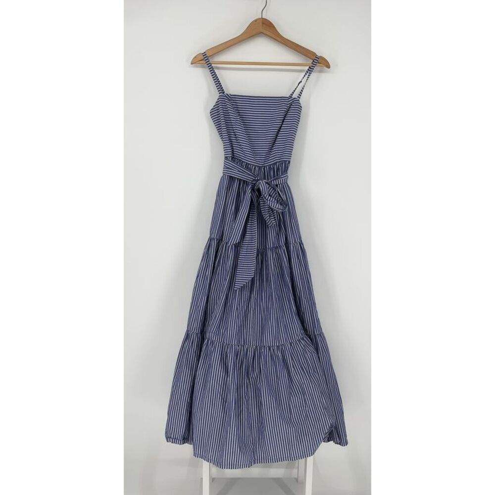 J. Crew Blue and White Striped Maxi Dress with Tie Waist